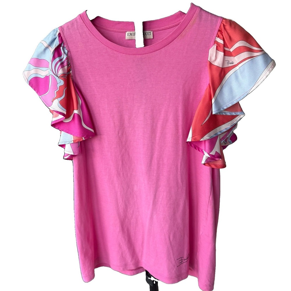 Vintage Emilio Pucci Y2K Pink Flutter Sleeve T Shirt Womens S Cotton Silk Luxury